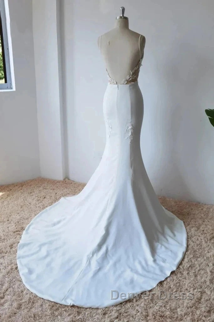 Simple Italian Noodle Strap Satin Mermaid Modern Floor Mopping Wedding Dresses Secondary image