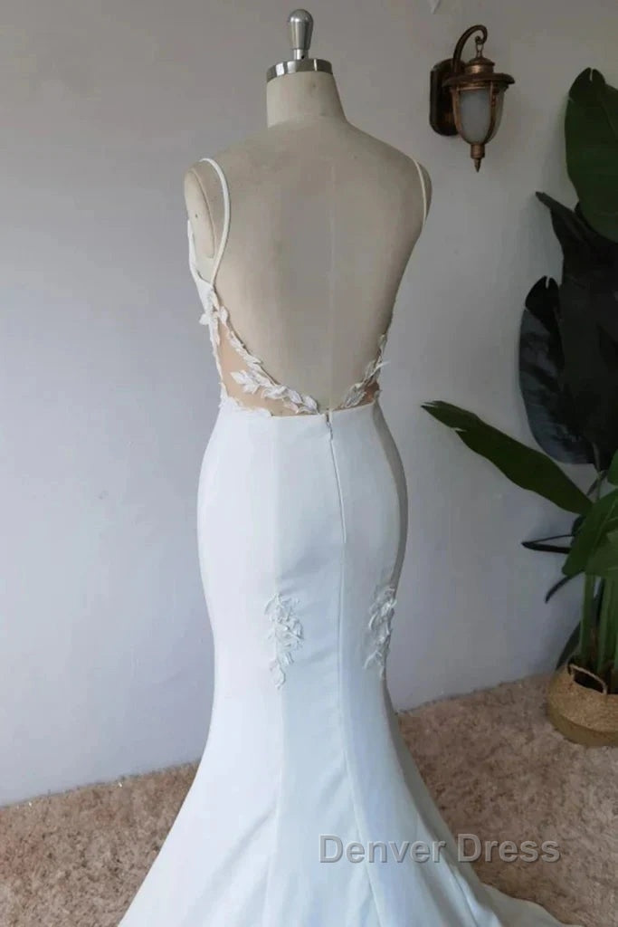 Simple Italian Noodle Strap Satin Mermaid Modern Floor Mopping Wedding Dresses