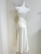 Simple Ivory Mermaid Square Neck Strapless Pleated Satin Prom Dresses Evening Dresses Bridesmaid Dresses