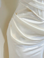 Simple Ivory Mermaid Square Neck Strapless Pleated Satin Prom Dresses Evening Dresses Bridesmaid Dresses