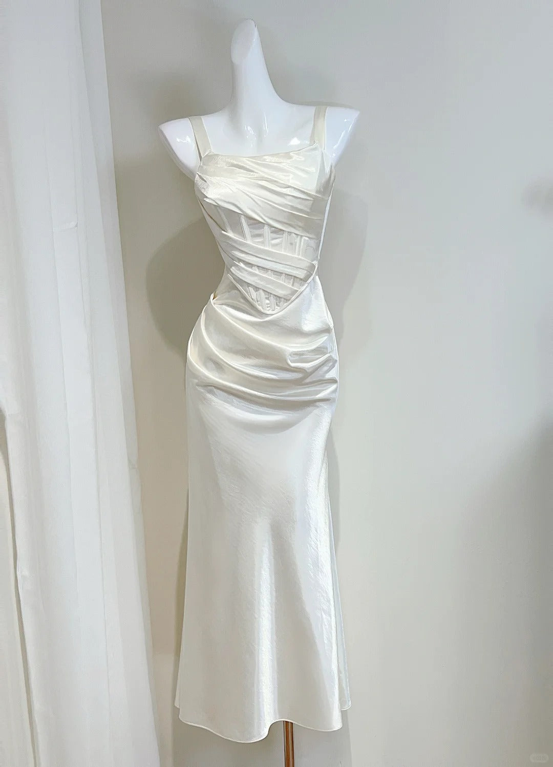 Simple Ivory Mermaid Square Neck Strapless Pleated Satin Prom Dresses Evening Dresses Bridesmaid Dresses