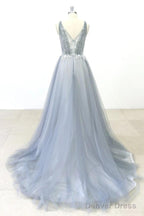 Simple Lace A Line Tulle Long Prom Dresses With A Train