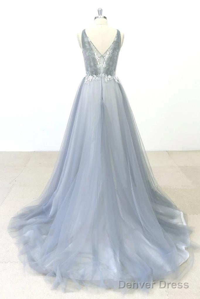 Simple Lace A Line Tulle Long Prom Dresses With A Train