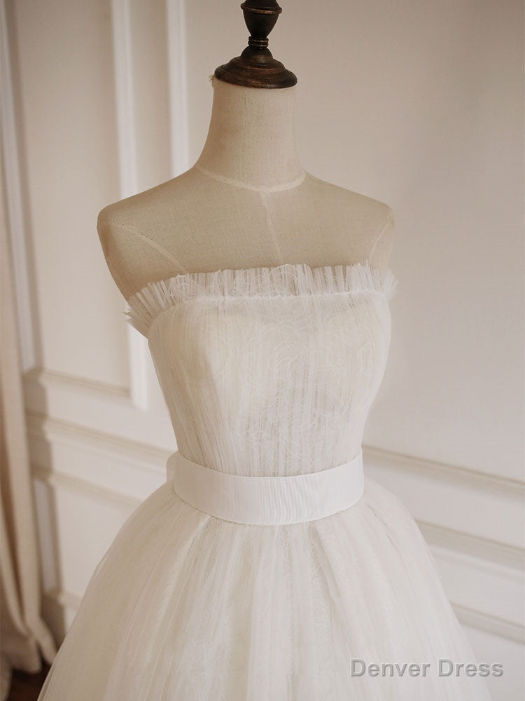 Simple Lace Tea Length White Prom Dress, Tulle Lace Bridesmaid Dresses