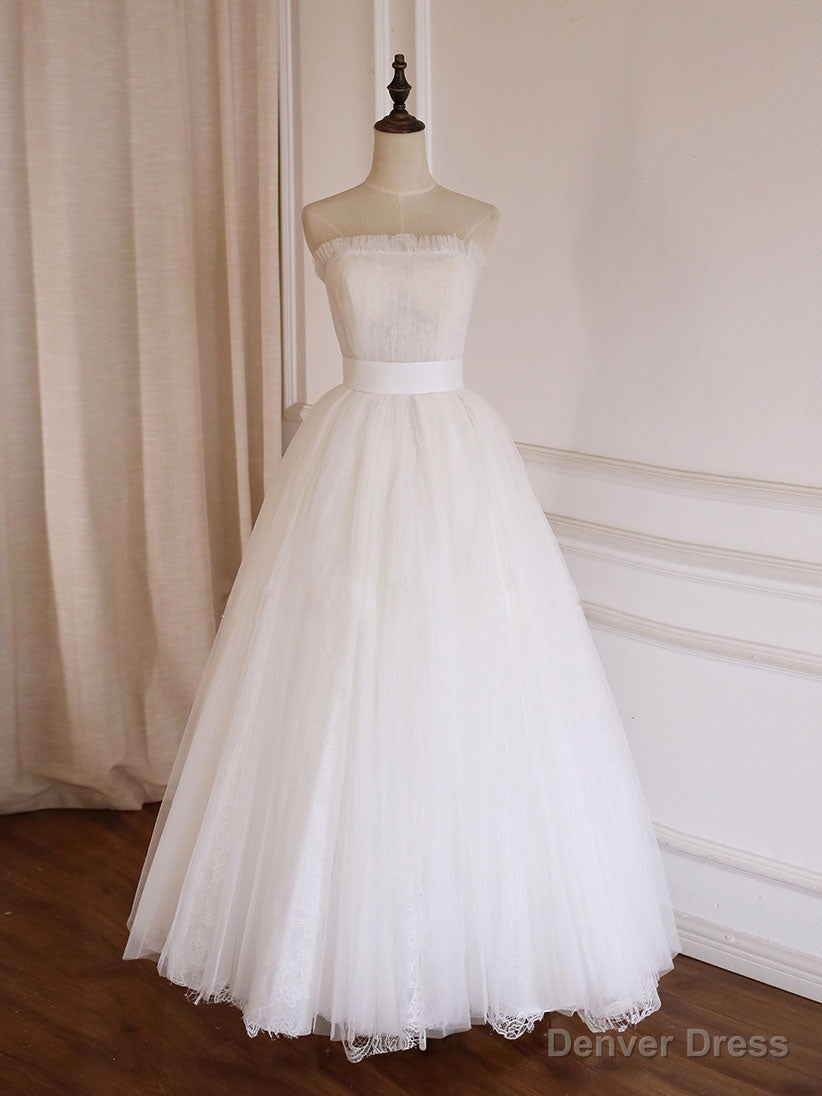 Simple Lace Tea Length White Prom Dress, Tulle Lace Bridesmaid Dresses Main image