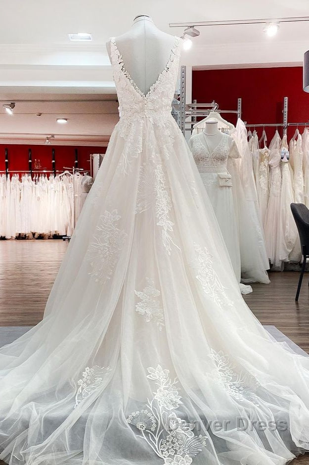 Simple Long A Line Tulle Lace V Neck Appliques Lace Open Back Wedding Dresses Secondary image