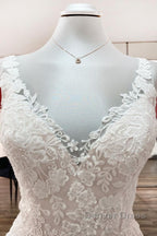 Simple Long A Line Tulle Lace V Neck Appliques Lace Open Back Wedding Dresses