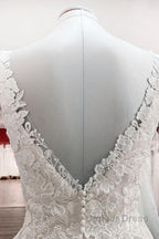 Simple Long A-line Tulle Lace V Neck Appliques Lace Open Back Wedding Dresses
