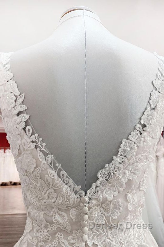 Simple Long A-line Tulle Lace V Neck Appliques Lace Open Back Wedding Dresses
