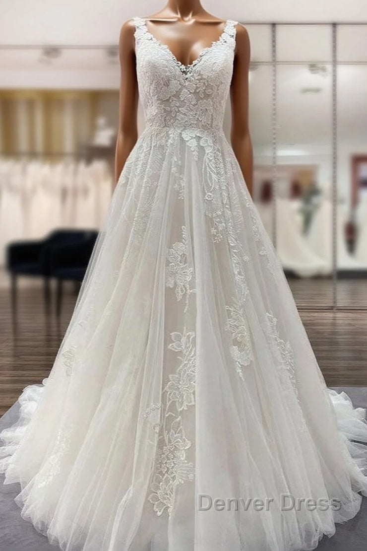 Simple Long A-line Tulle Lace V Neck Appliques Lace Open Back Wedding Dresses Main image