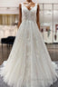 Simple Long A-line Tulle Lace V Neck Appliques Lace Open Back Wedding Dresses
