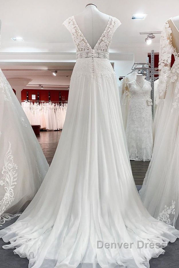 Simple Long A-line V-neck Tulle Appliques Lace Wedding Dresses Secondary image