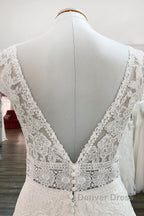 Simple Long A Line V Neck Tulle Appliques Lace Wedding Dresses