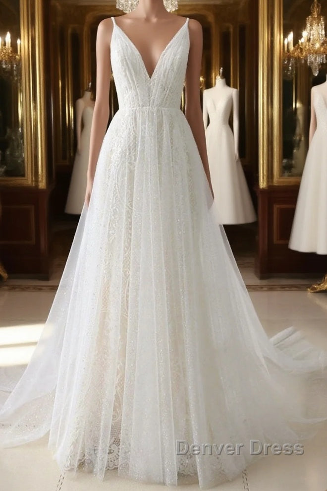 Simple Long A-line V Neck Tulle Wedding Dresses