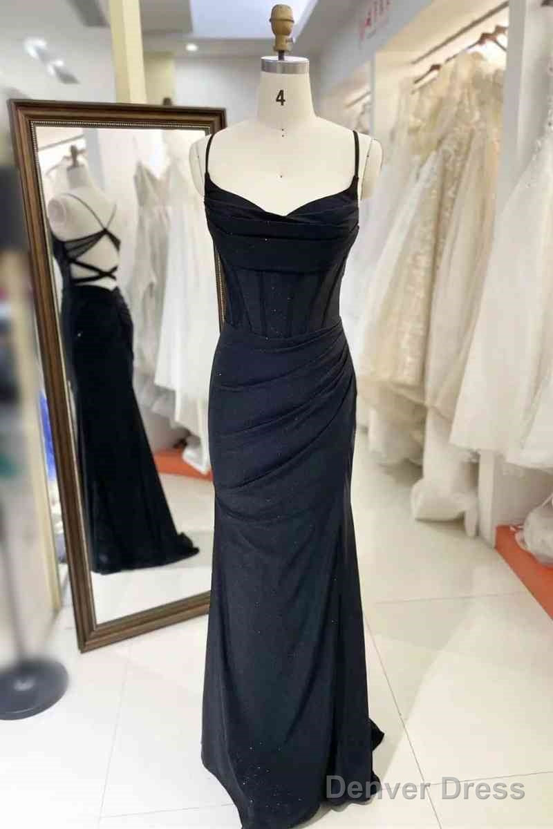 Simple Long Black Satin Prom Dresses Pleated Spaghetti Straps Main image