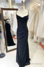 Simple Long Black Satin Prom Dresses Pleated Spaghetti Straps