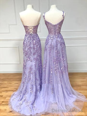 Simple Long Purple Lace Prom Dresses Evening Dress