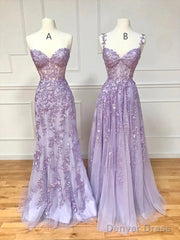 Simple Long Purple Lace Prom Dresses Evening Dress