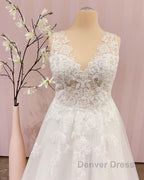 Simple Long V-neck A-Line Backless Wedding Dresses With Appliques Lace