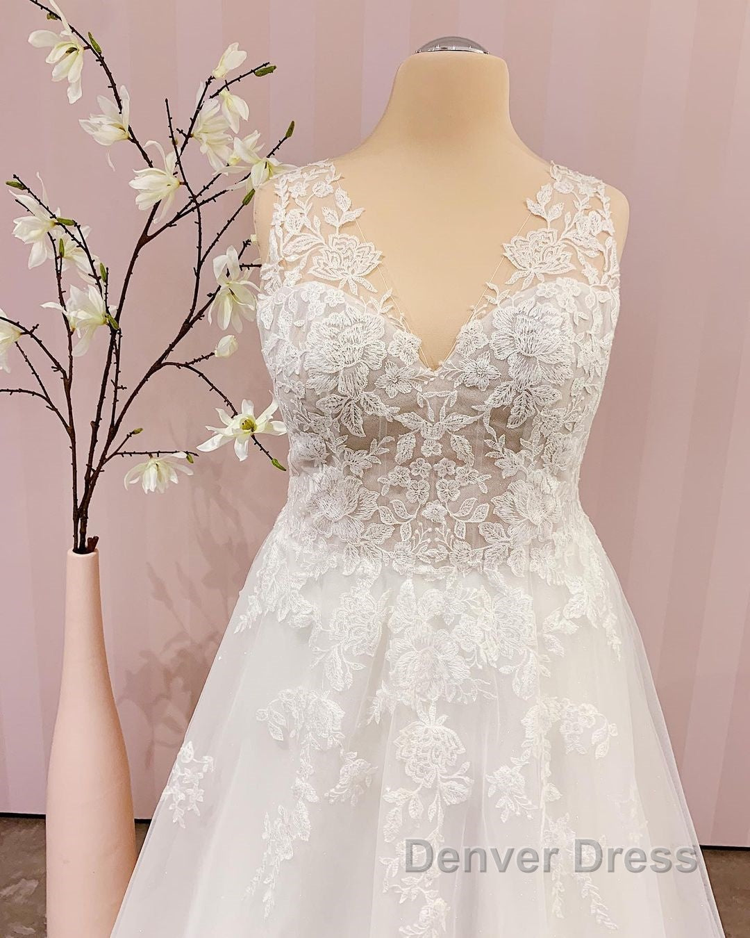 Simple Long V Neck A Line Backless Wedding Dresses With Appliques Lace