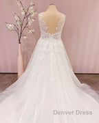 Simple Long V-neck A-Line Backless Wedding Dresses With Appliques Lace