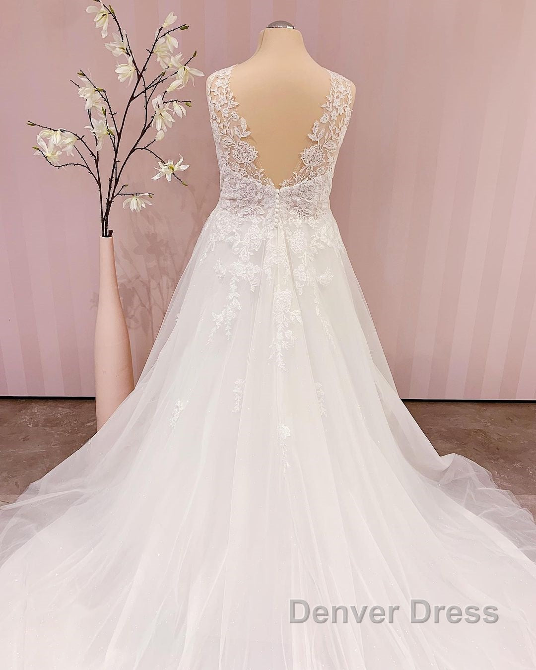 Simple Long V Neck A Line Backless Wedding Dresses With Appliques Lace