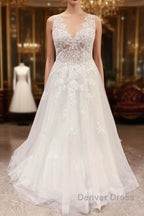 Simple Long V-neck A-Line Backless Wedding Dresses With Appliques Lace