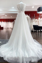 Simple Long V-neck Sequins Ruffles A-line Tulle Backless Wedding Dresses