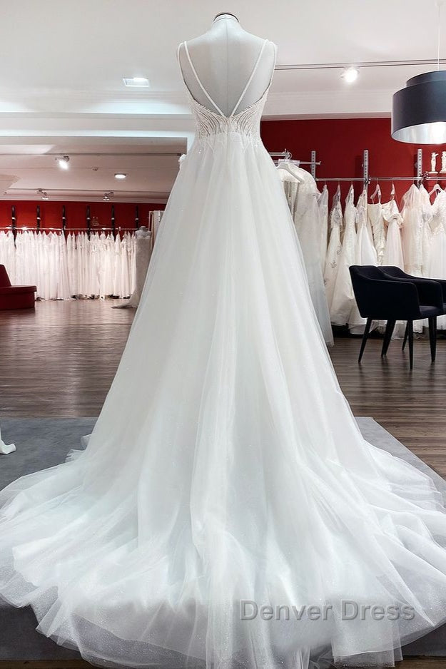 Simple Long V Neck Sequins Ruffles A Line Tulle Backless Wedding Dresses