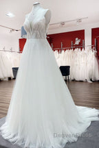 Simple Long V Neck Sequins Ruffles A Line Tulle Backless Wedding Dresses