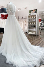 Simple Long V-neck Sequins Ruffles A-line Tulle Backless Wedding Dresses