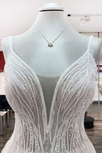 Simple Long V-neck Sequins Ruffles A-line Tulle Backless Wedding Dresses