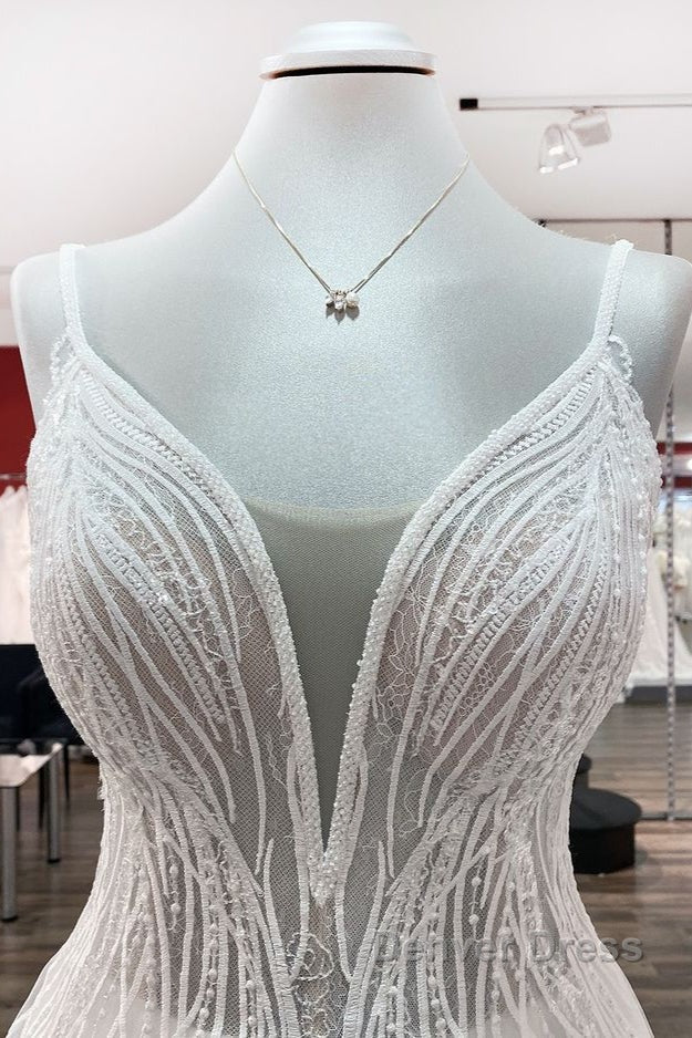 Simple Long V-neck Sequins Ruffles A-line Tulle Backless Wedding Dresses