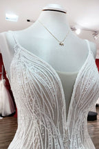 Simple Long V-neck Sequins Ruffles A-line Tulle Backless Wedding Dresses