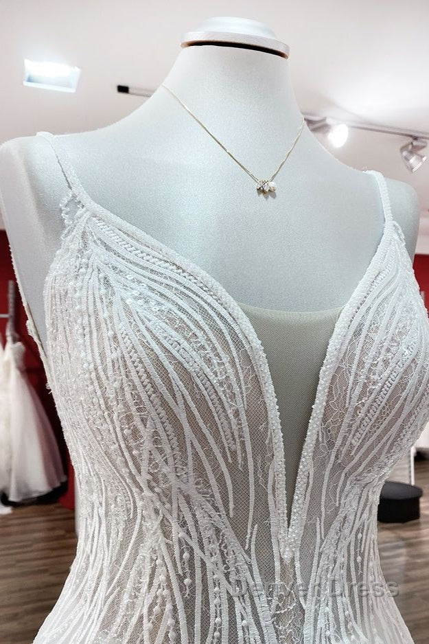 Simple Long V-neck Sequins Ruffles A-line Tulle Backless Wedding Dresses