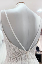 Simple Long V-neck Sequins Ruffles A-line Tulle Backless Wedding Dresses