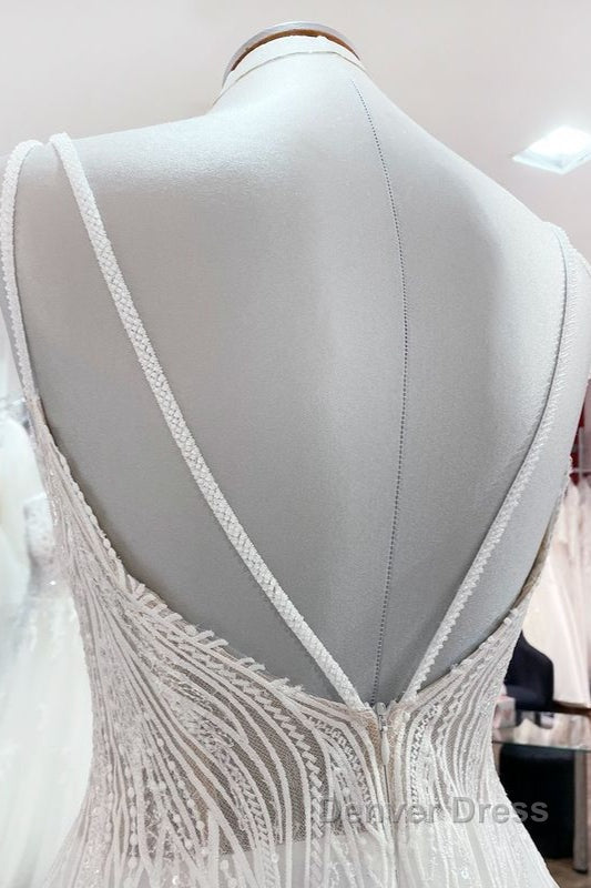 Simple Long V-neck Sequins Ruffles A-line Tulle Backless Wedding Dresses