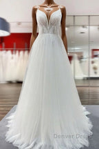 Simple Long V-neck Sequins Ruffles A-line Tulle Backless Wedding Dresses
