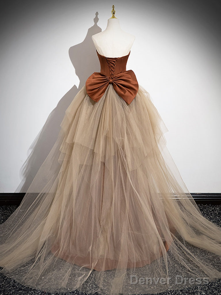 Simple Mermaid Brown/Champagne Satin Tulle Long Prom Dress, Brown Long Evening Dress Secondary image