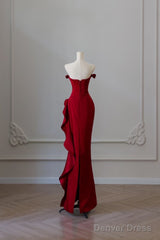 Simple Mermaid Off The Shoulder Neckline Burgundy Sequin Long Party Dress Prom Dresses