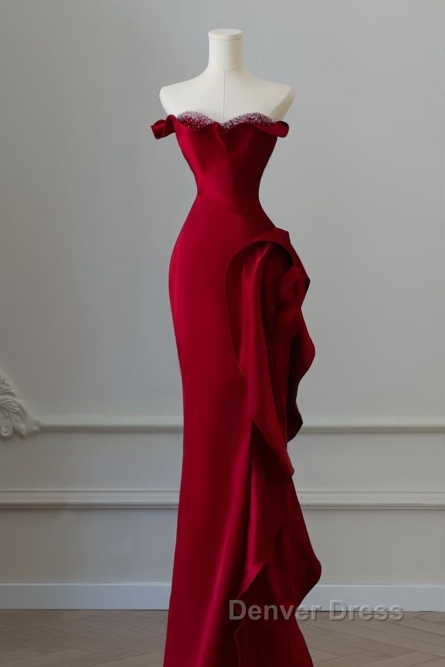 Simple Mermaid Off The Shoulder Neckline Burgundy Sequin Long Party Dresses Prom Dresses