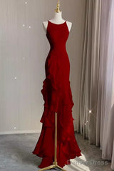 Simple Mermaid Red Chiffon Long Prom Dress