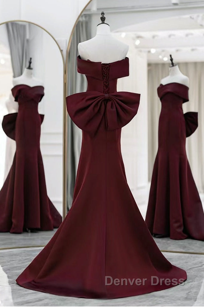 Simple Mermaid Satin Burgundy Long Prom Dresses, Burgundy Long Formal Dresses Secondary image