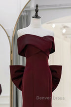 Simple Mermaid Satin Burgundy Long Prom Dresses, Burgundy Long Formal Dresses