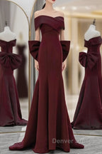 Simple Mermaid Satin Burgundy Long Prom Dresses, Burgundy Long Formal Dresses