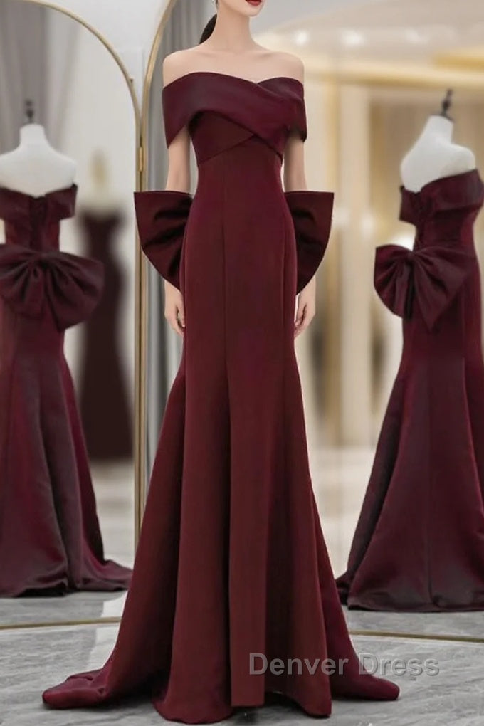 Simple Mermaid Satin Burgundy Long Prom Dresses, Burgundy Long Formal Dresses