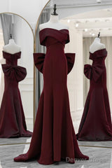 Simple Mermaid Satin Burgundy Long Prom Dress, Burgundy Long Formal Dress