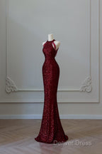 Simple Mermaid Scoop Neckline Burgundy Sequin Long Party Dresses Prom Dresses