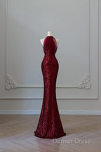 Simple Mermaid Scoop Neckline Burgundy Sequin Long Party Dresses Prom Dresses