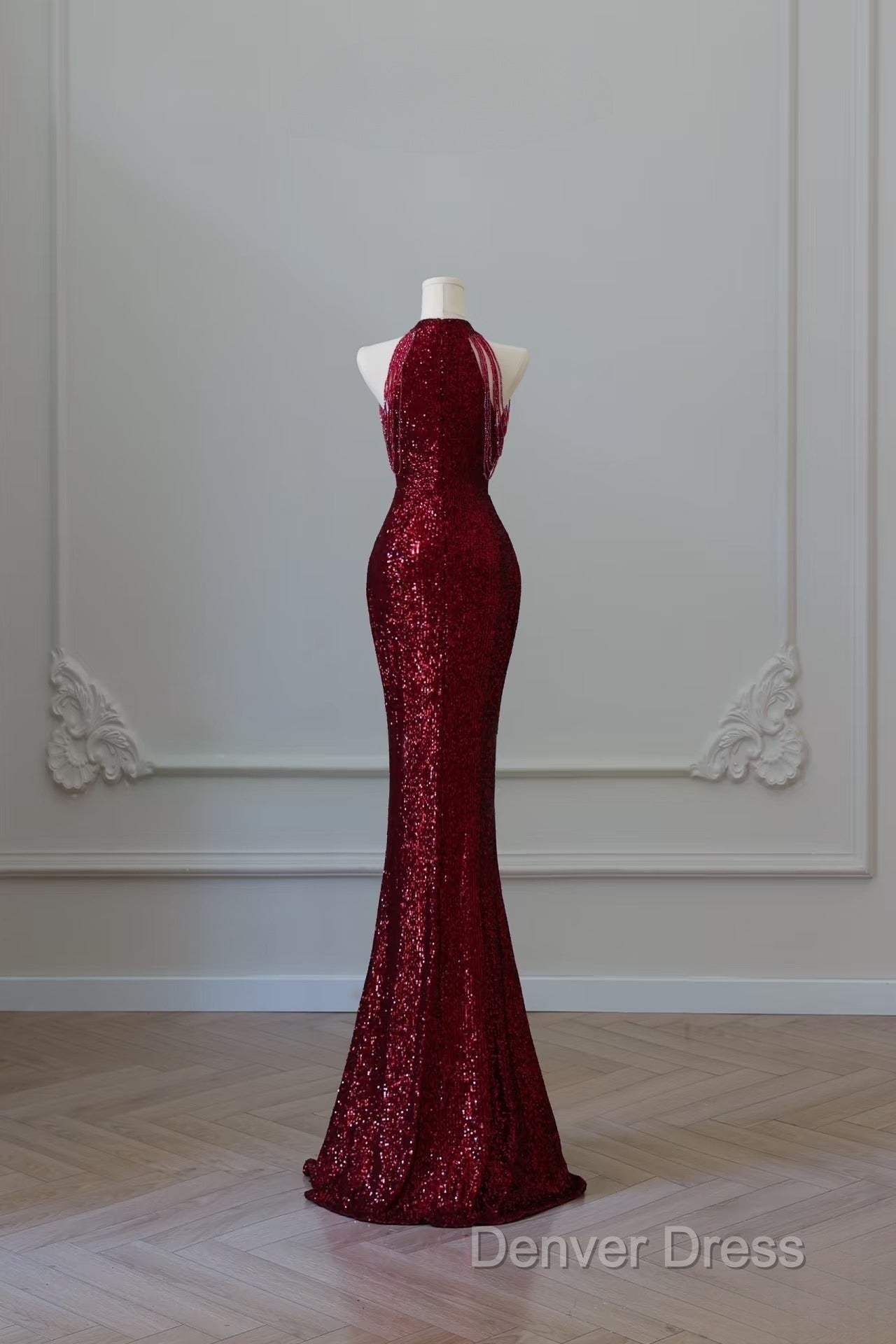 Simple Mermaid Scoop Neckline Burgundy Sequin Long Party Dresses Prom Dresses